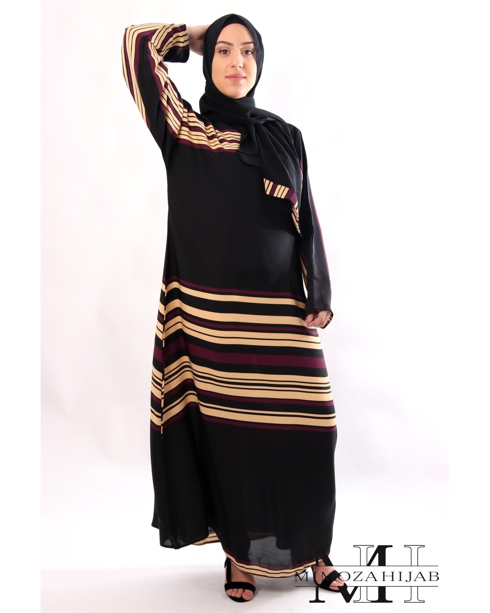 Abaya SAHRA Nidha stripes plum and beige