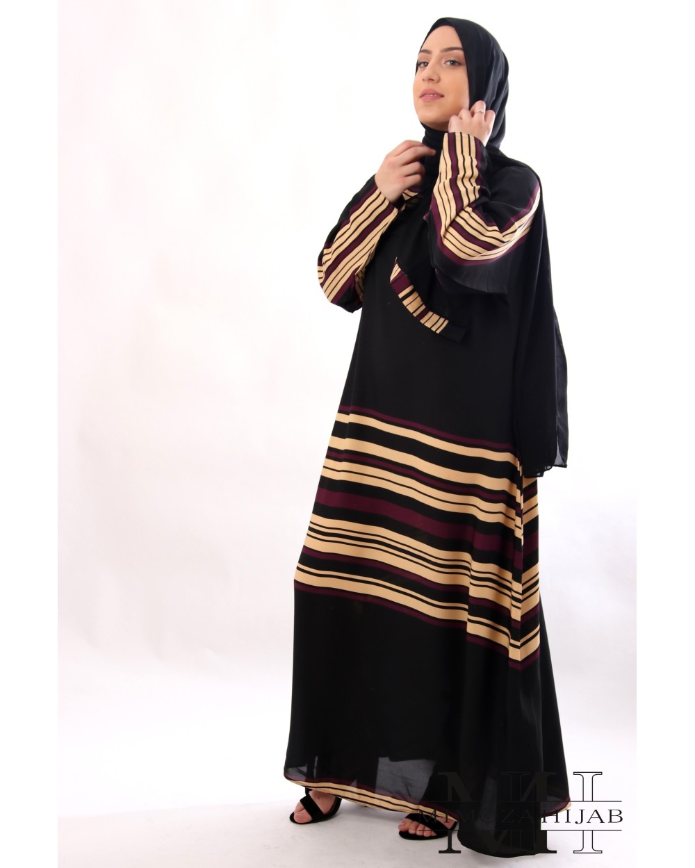 Abaya SAHRA Nidha stripes plum and beige
