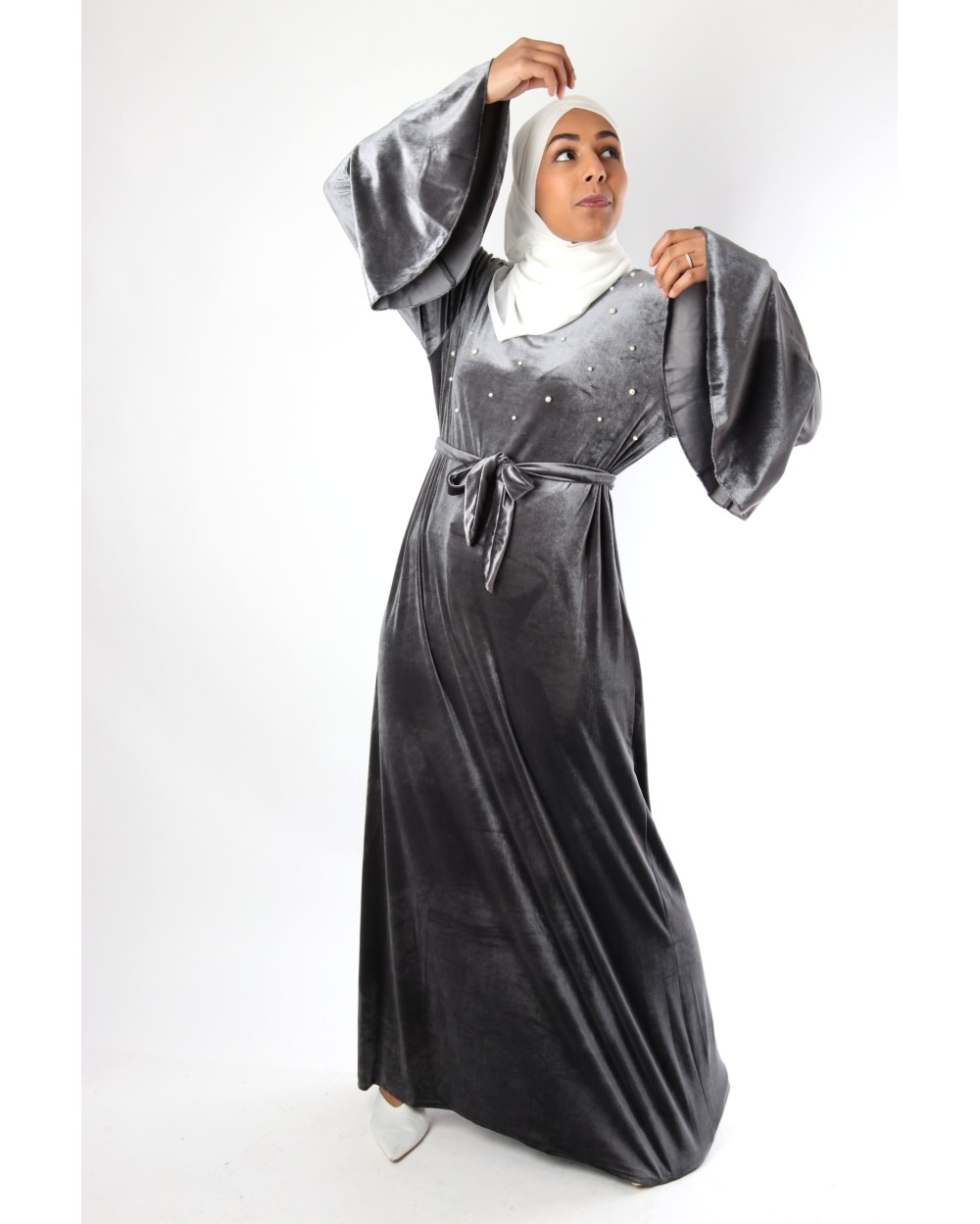 Valentina beaded long velvet dress