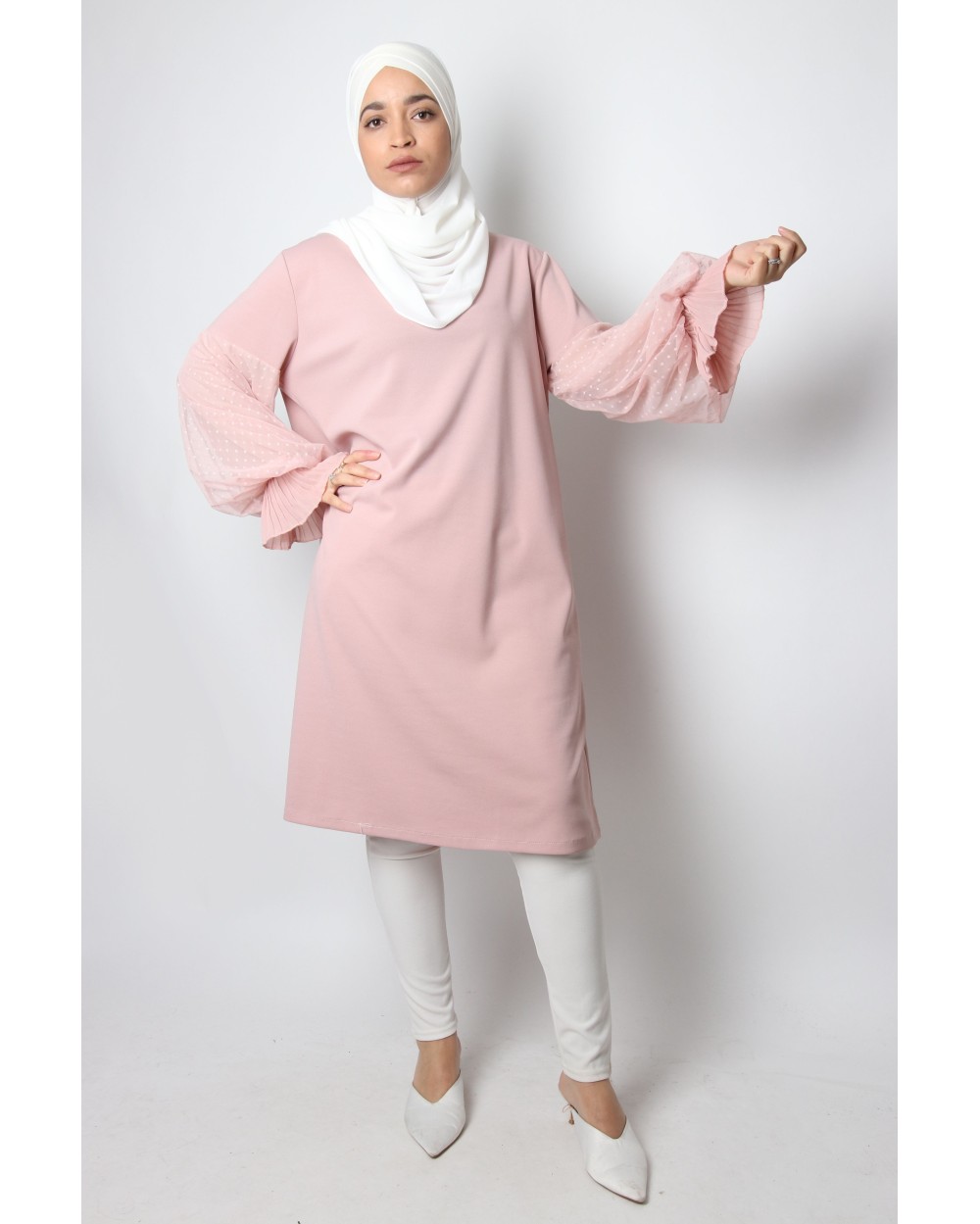 Sabahanne tunic mastoura puff sleeves in sheer