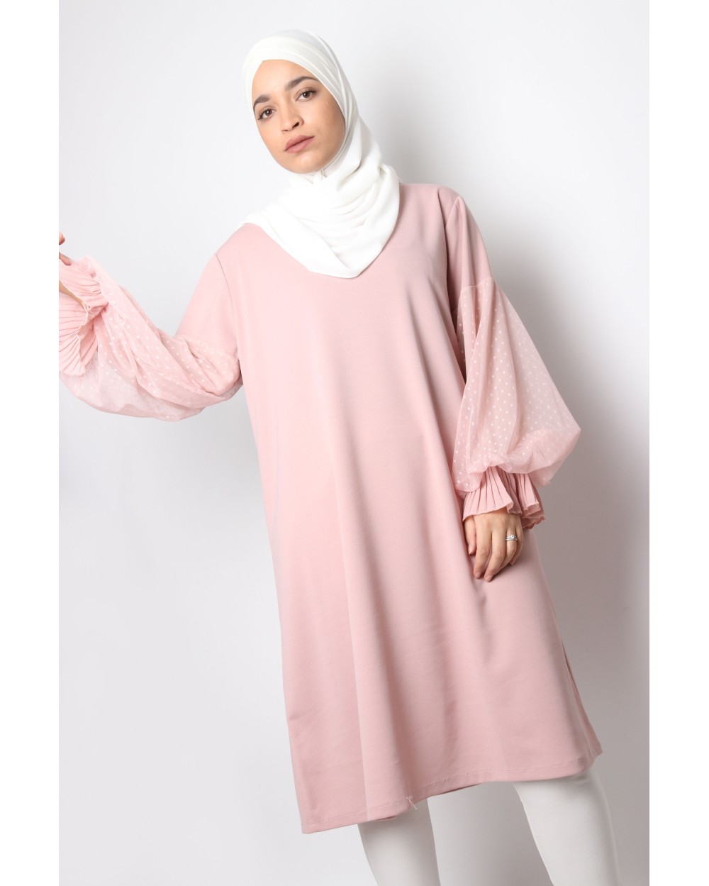 Sabahanne tunic mastoura puff sleeves in sheer
