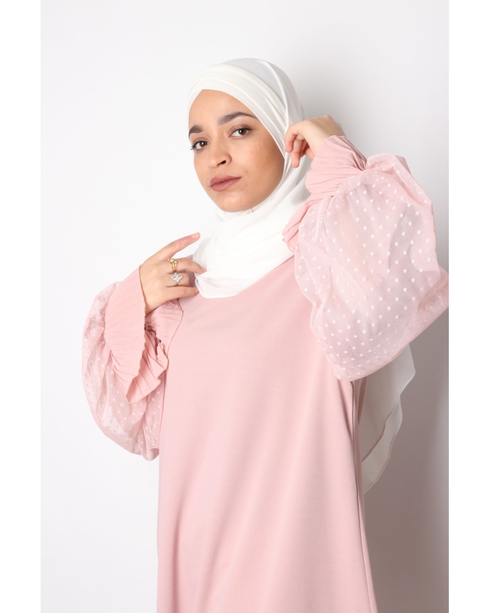 Sabahanne tunic mastoura puff sleeves in sheer