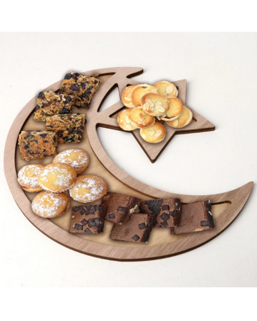 Plateau à gâteaux en bois en forme de lune et étoile