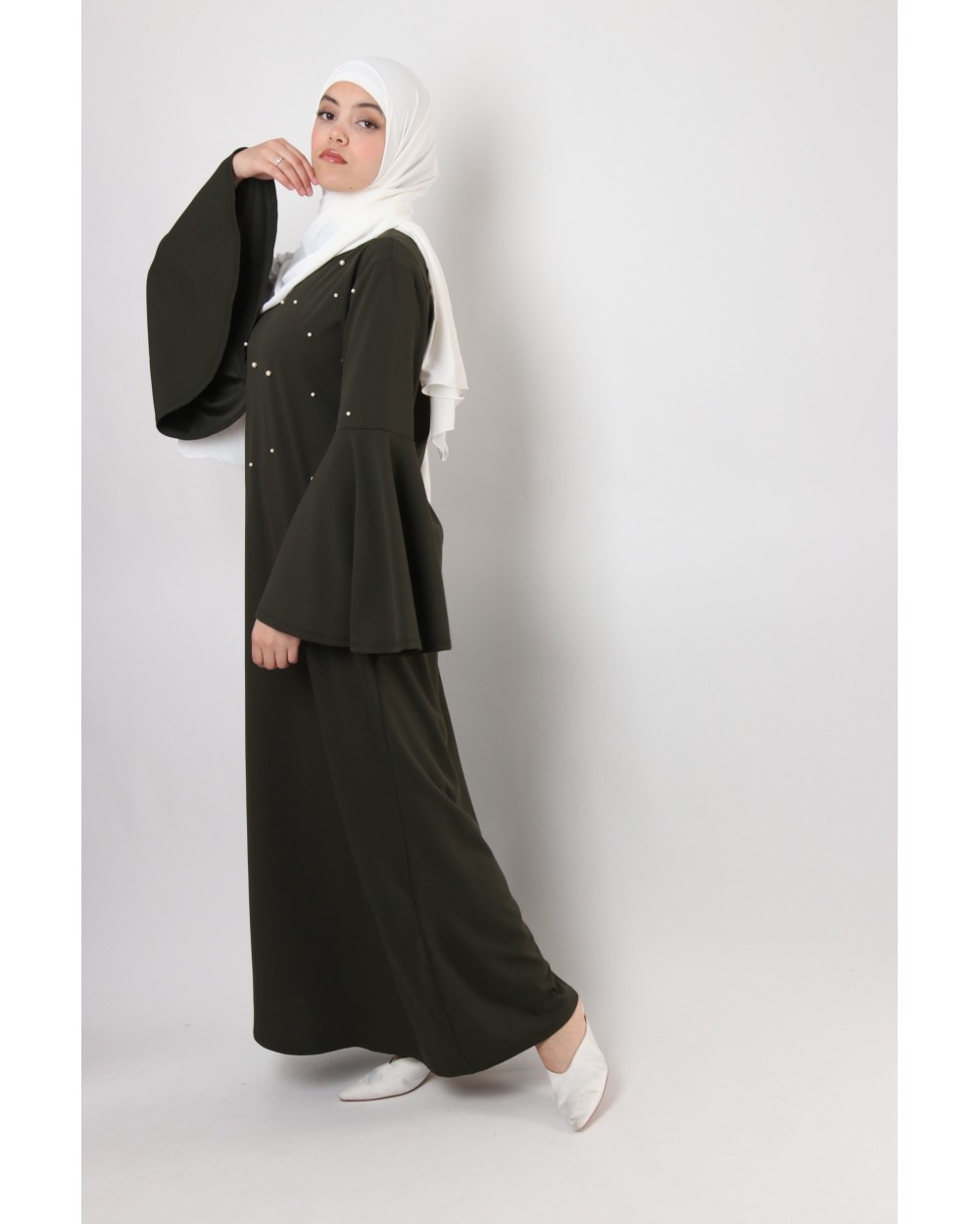 Robe Cassandra longue buste perlé et manches volant