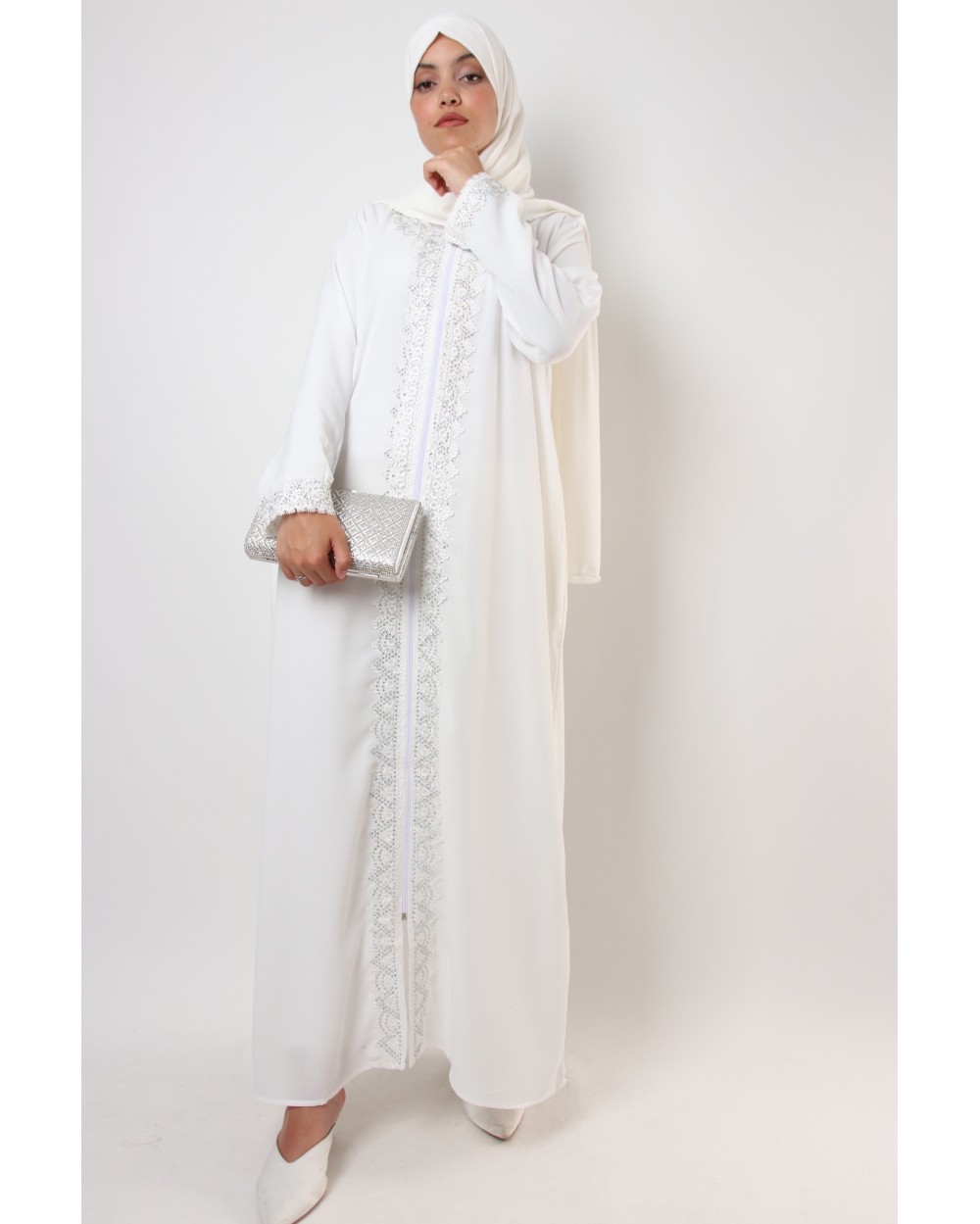 Abaya zip blanche strass