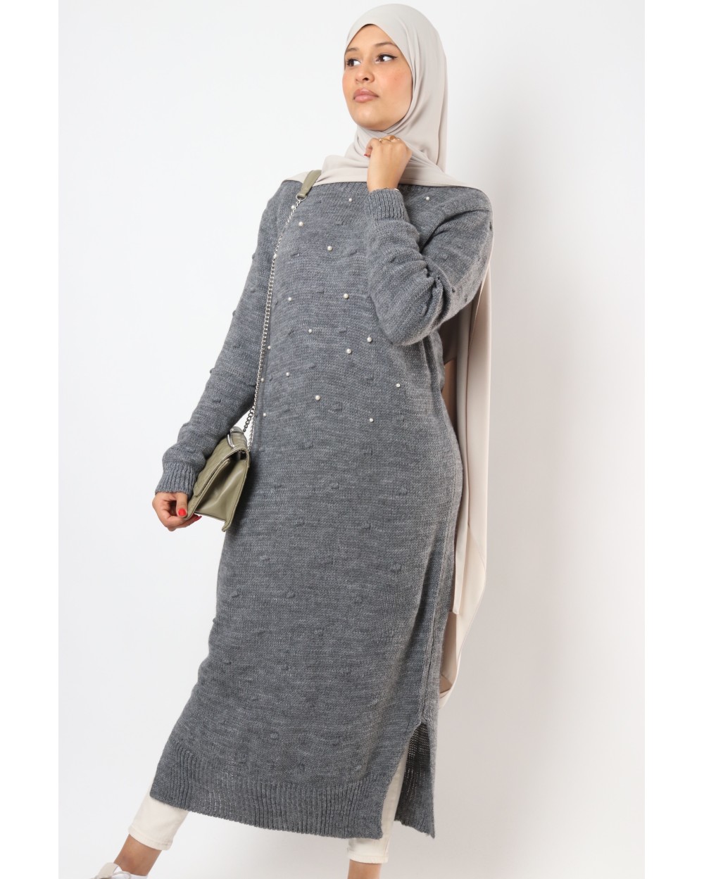 Maxi long sweater Polina with pearl