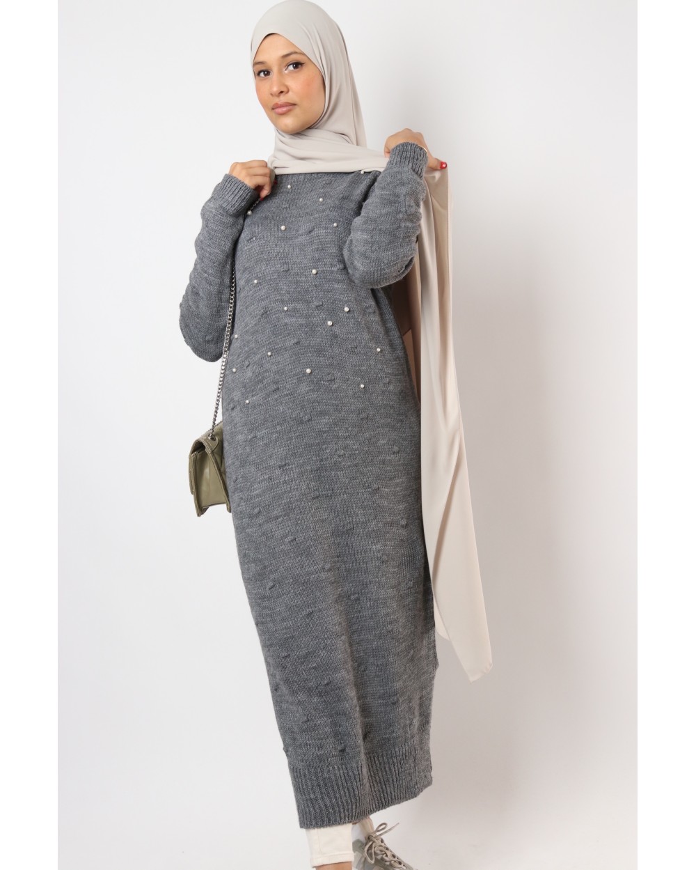 Maxi long sweater Polina with pearl