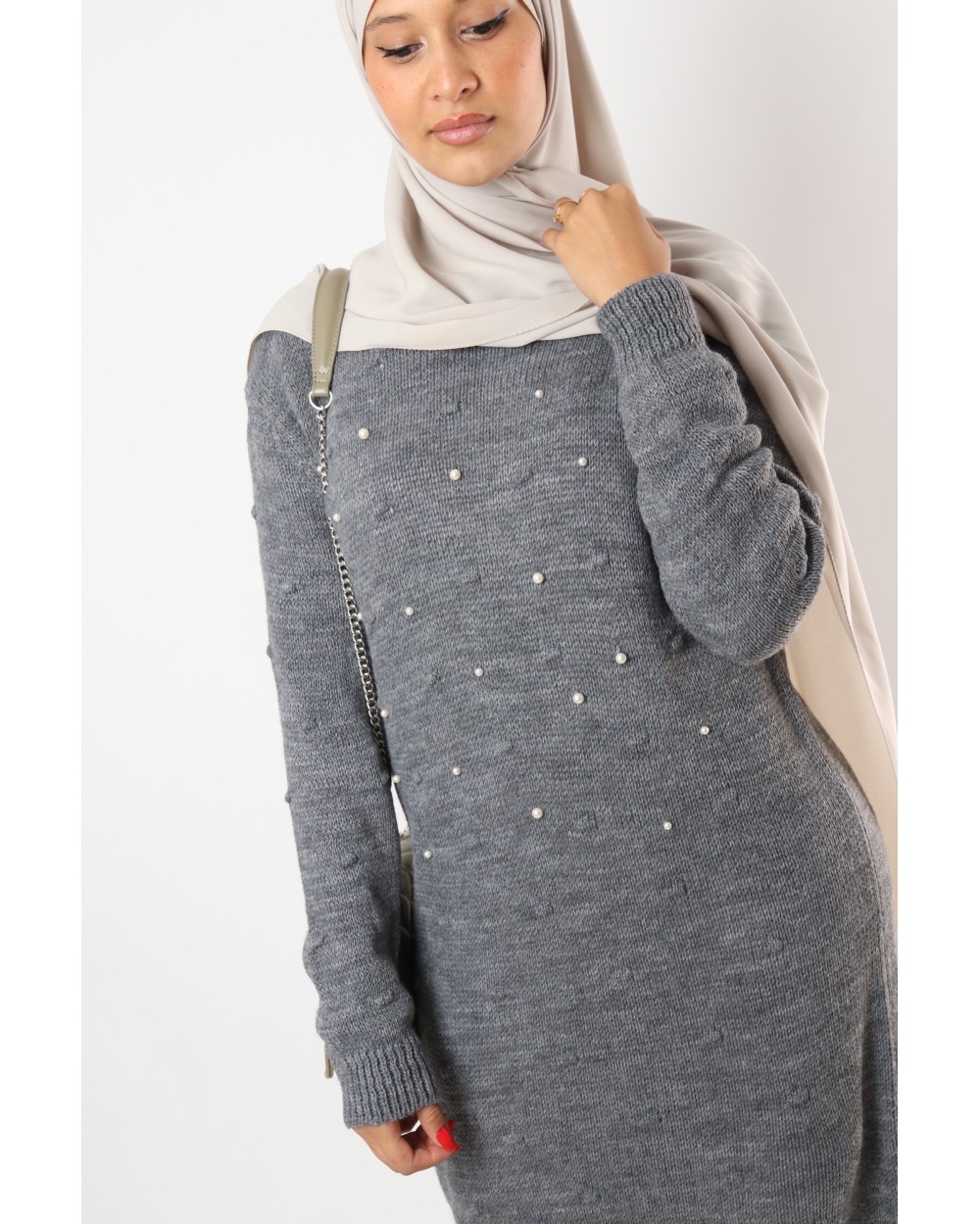 Maxi long sweater Polina with pearl