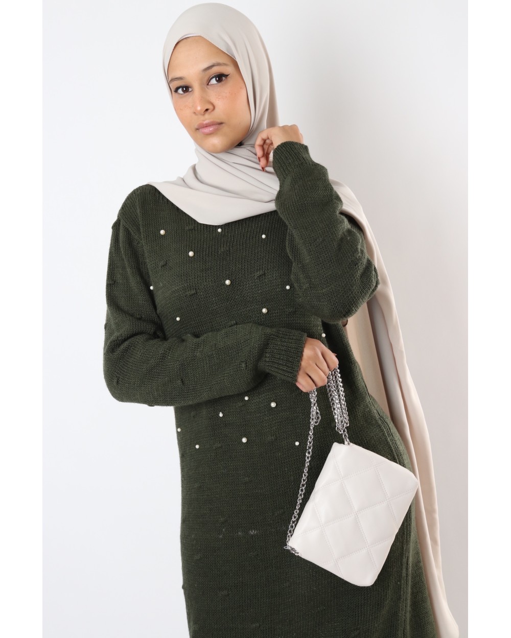 Maxi long sweater Polina with pearl