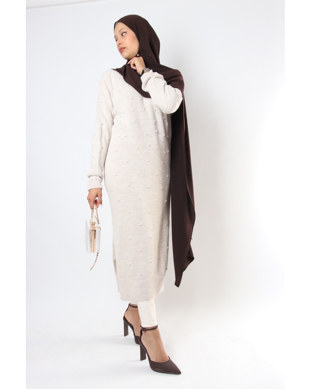 Maxi long sweater Polina with pearl