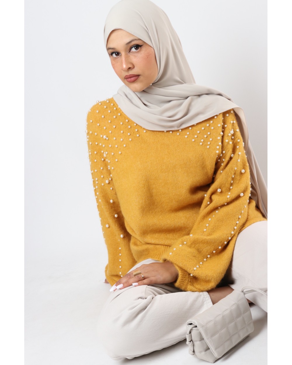MYA short beaded sweater with lantern sleeves