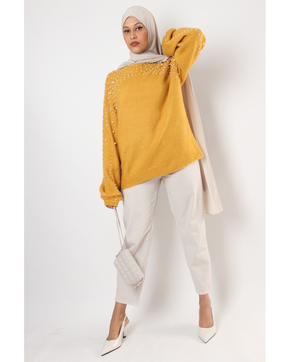 MYA short beaded sweater with lantern sleeves
