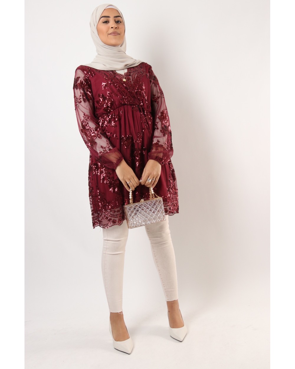 Long evening tunic with sequins and tulle