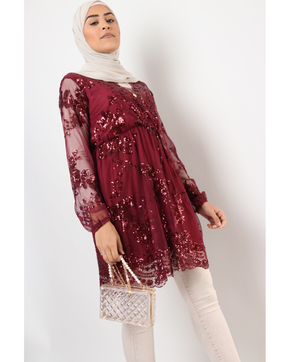 Long evening tunic with sequins and tulle