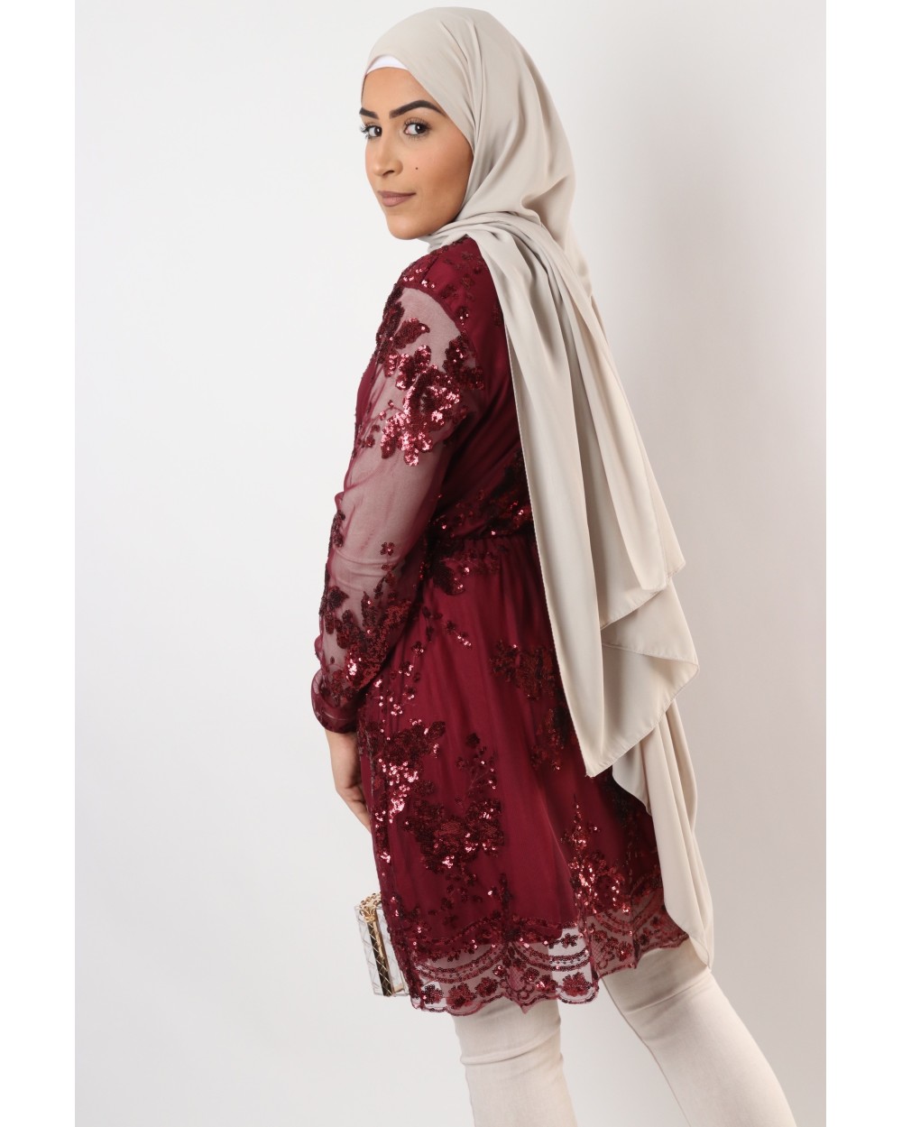 Long evening tunic with sequins and tulle