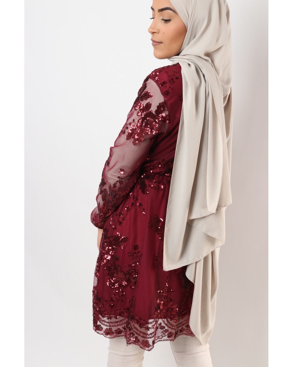 Long evening tunic with sequins and tulle