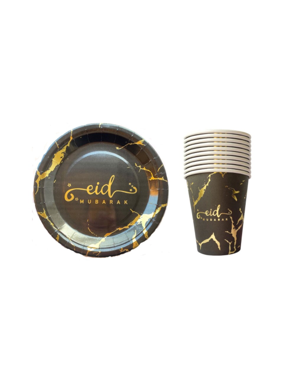 Set of marbled black plates and glasses