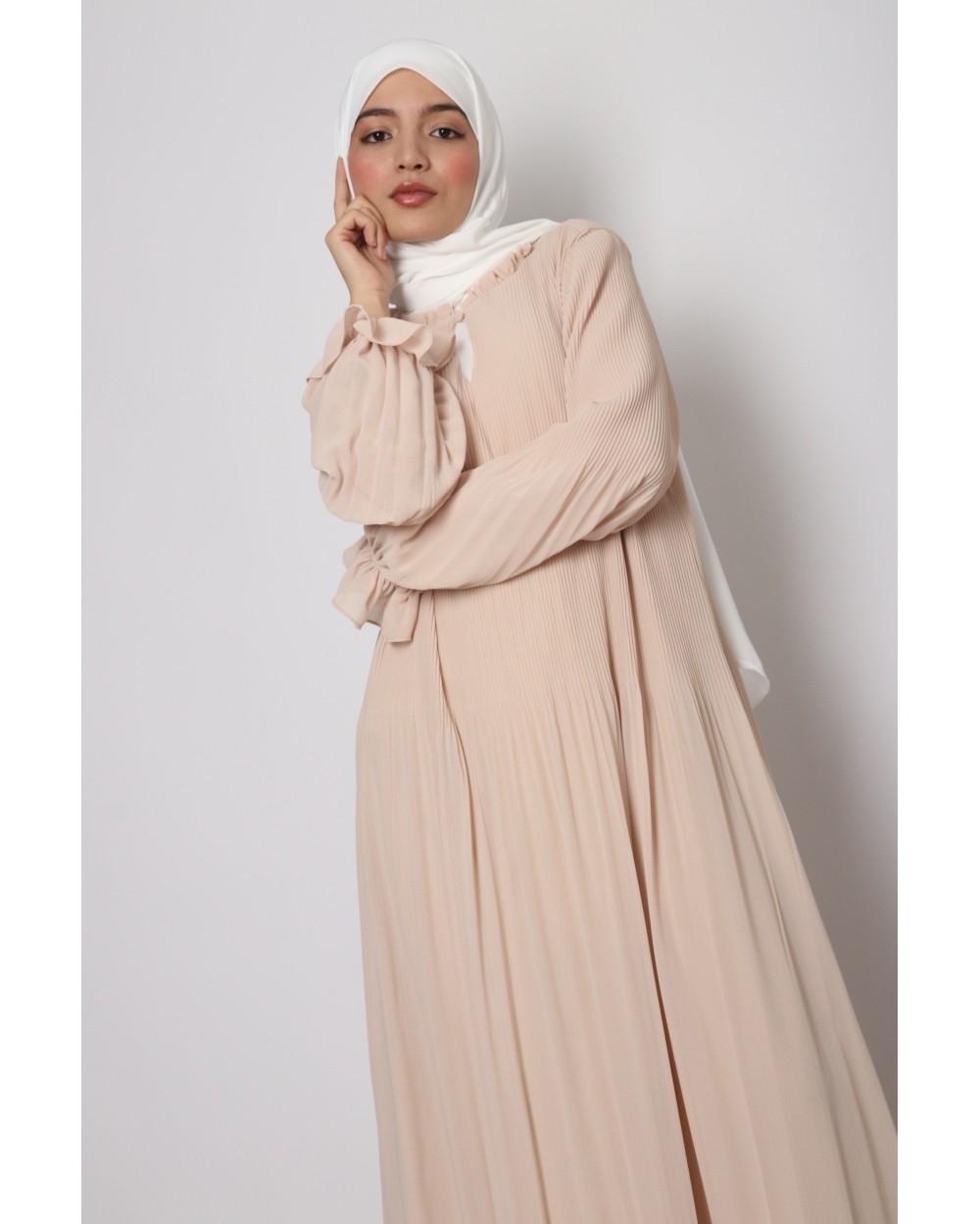 Roswella pleated dress with puff sleeves