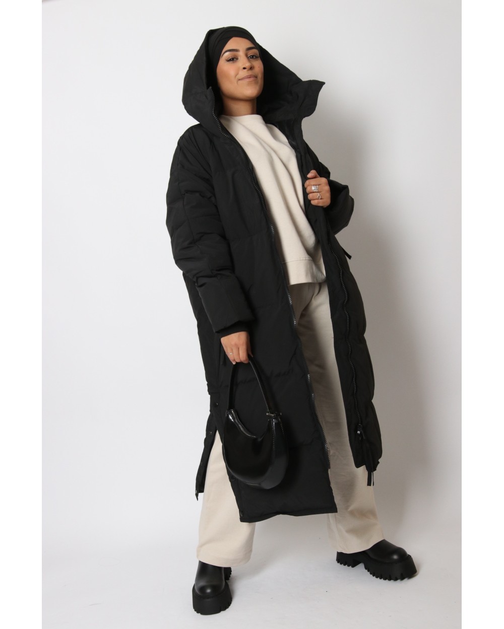 Maxi long down jacket with hood