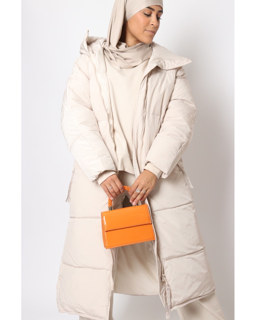 Maxi long down jacket with hood