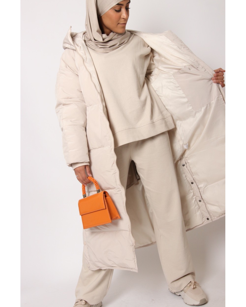 Maxi long down jacket with hood
