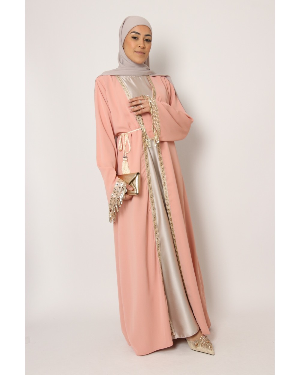 Long kimono with rhinestone fringe sleeves