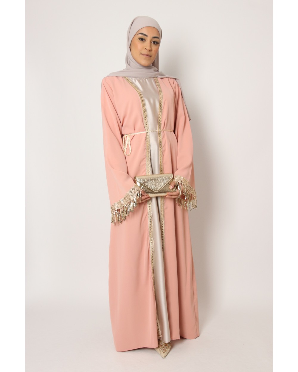 Long kimono with rhinestone fringe sleeves