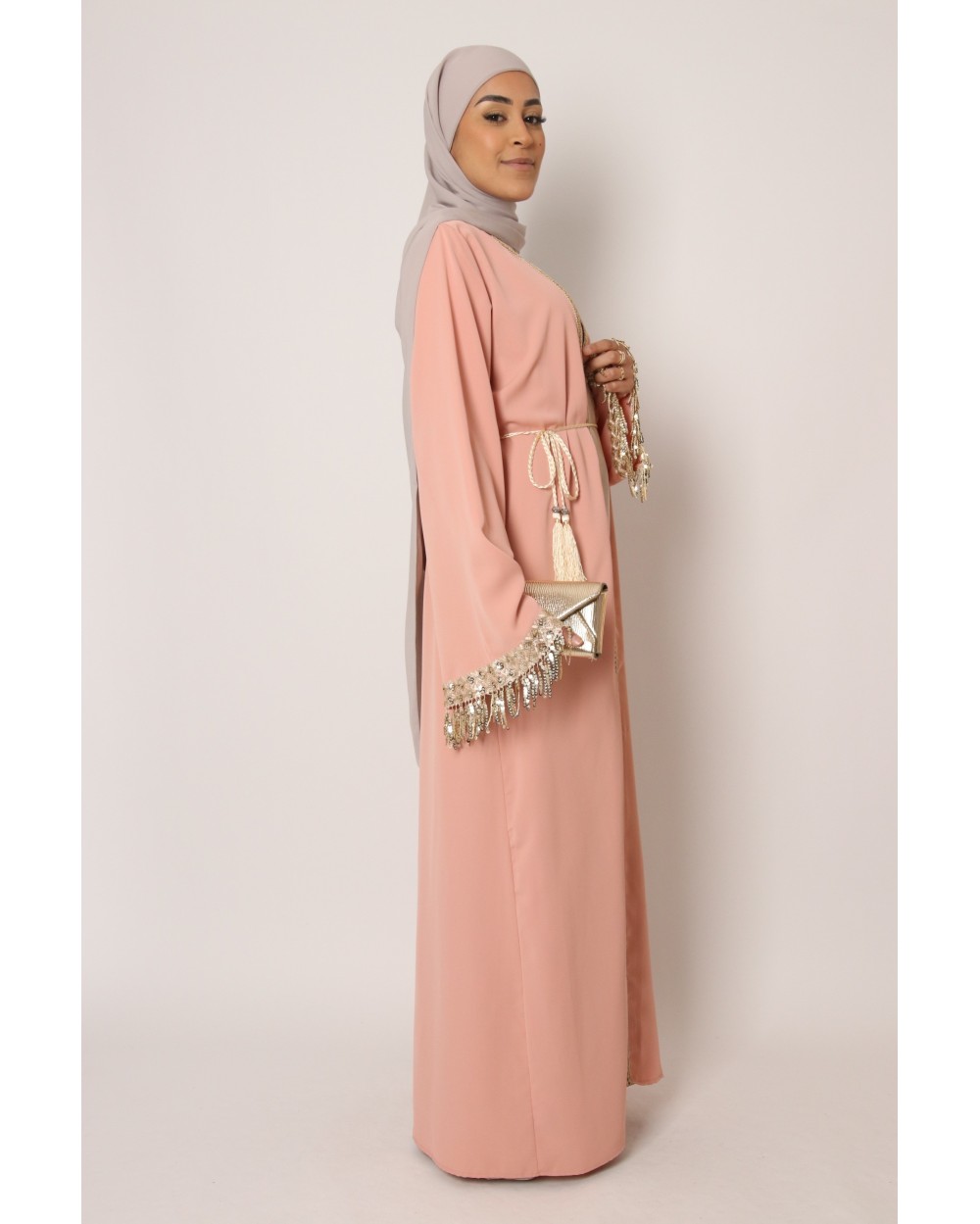 Long kimono with rhinestone fringe sleeves