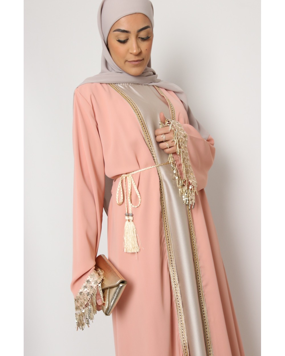 Long kimono with rhinestone fringe sleeves