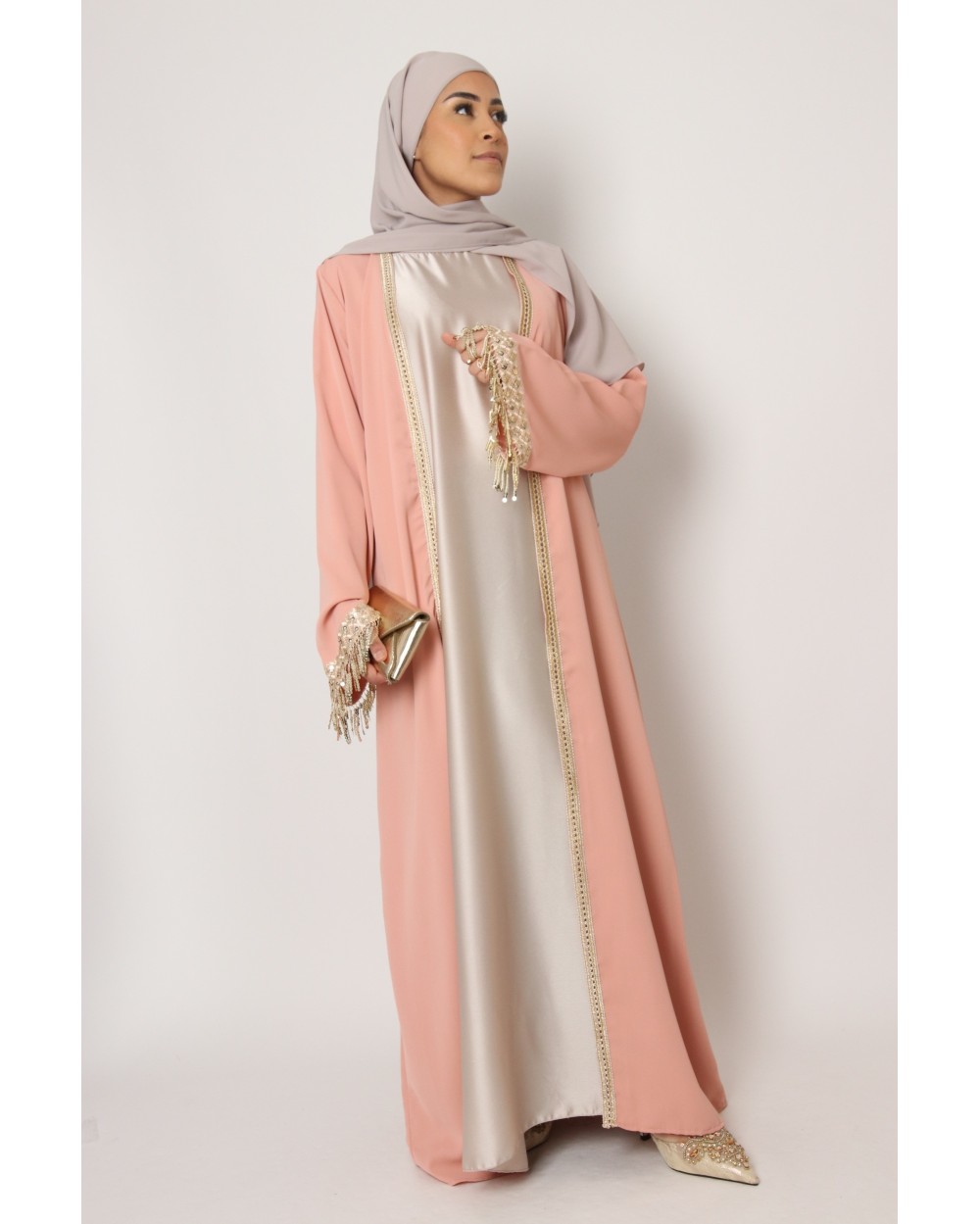 Long kimono with rhinestone fringe sleeves