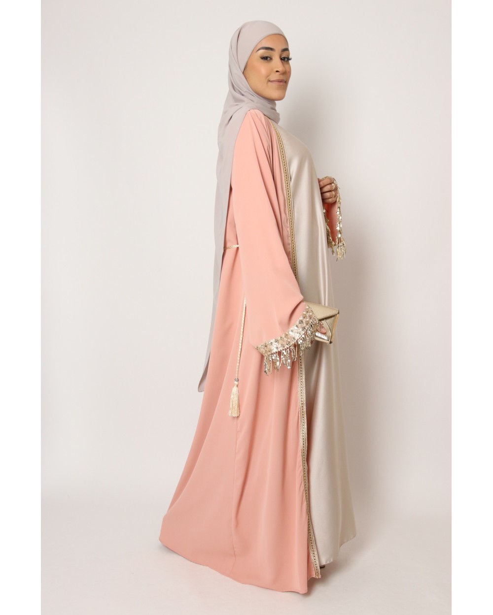 Long kimono with rhinestone fringe sleeves