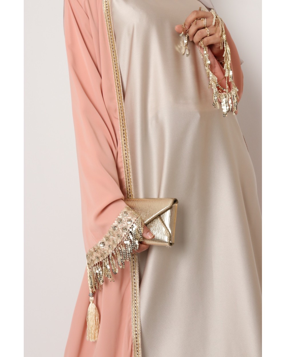 Long kimono with rhinestone fringe sleeves
