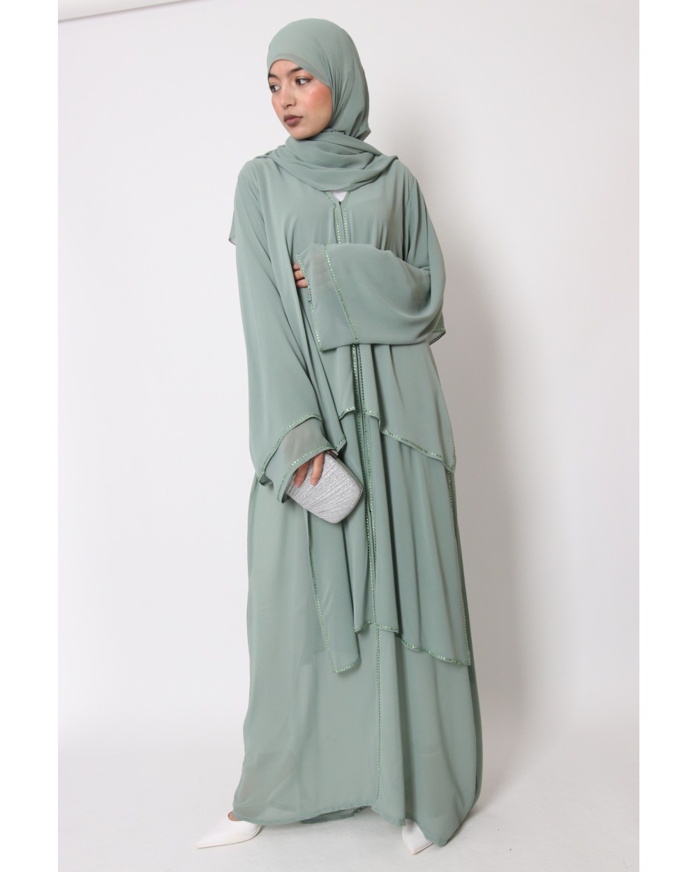 Abaya kimono Dubai mousseline et strass