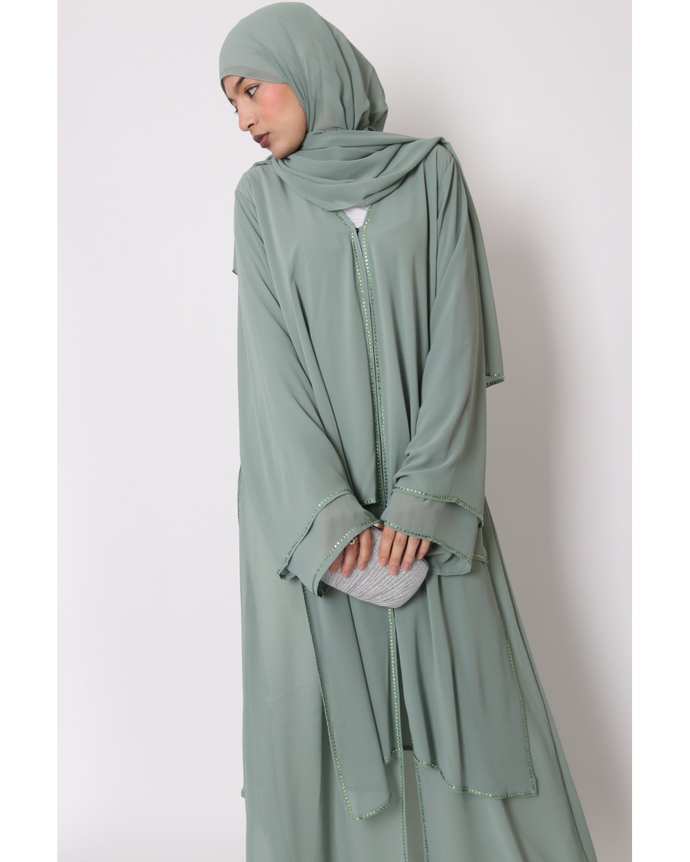 Abaya kimono Dubai mousseline et strass
