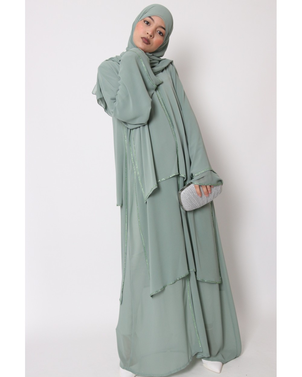 Abaya kimono Dubai mousseline et strass
