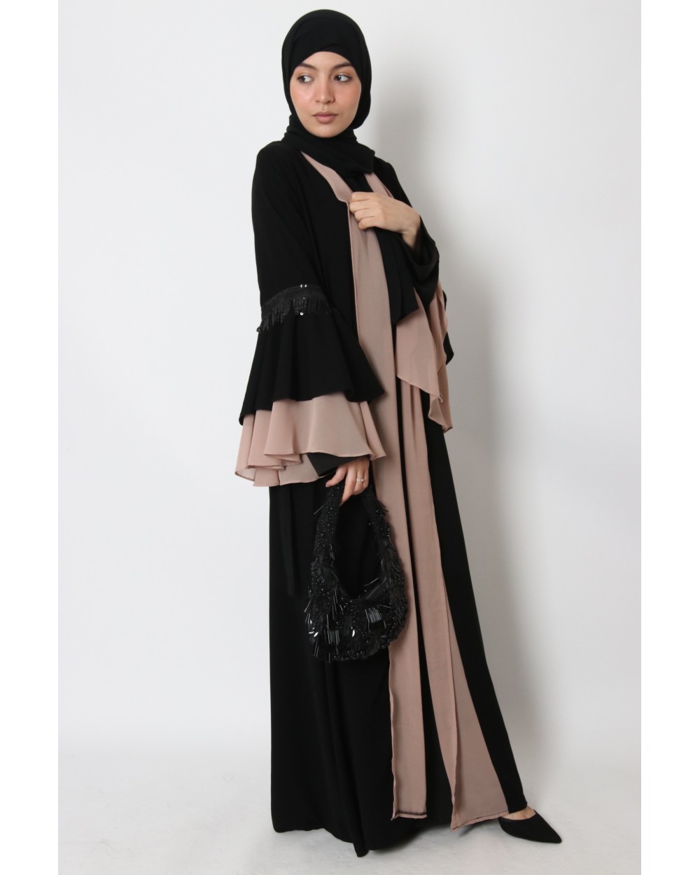 Kimono bicolore manches à volant strass