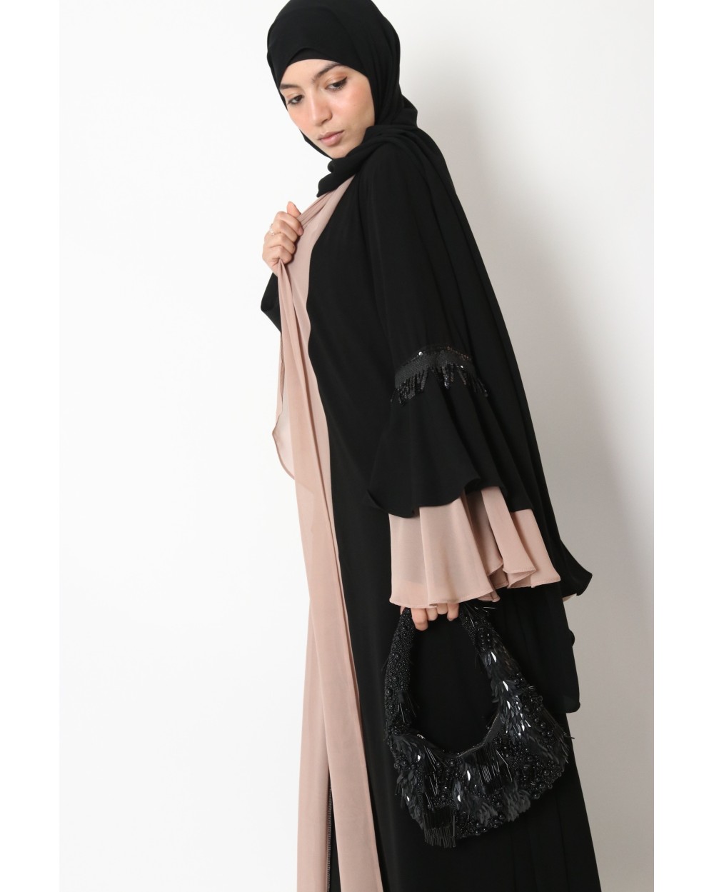 Kimono bicolore manches à volant strass