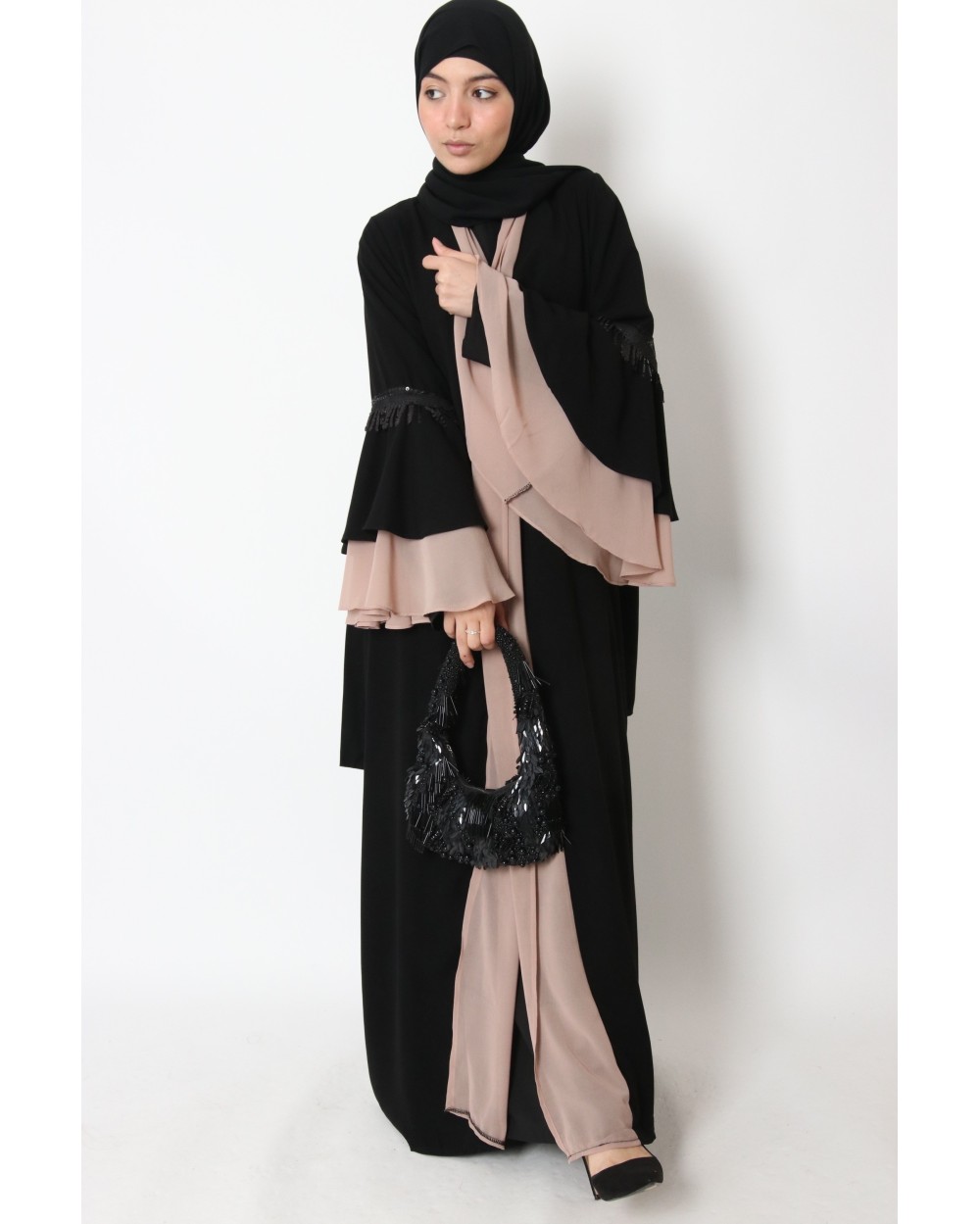 Kimono bicolore manches à volant strass