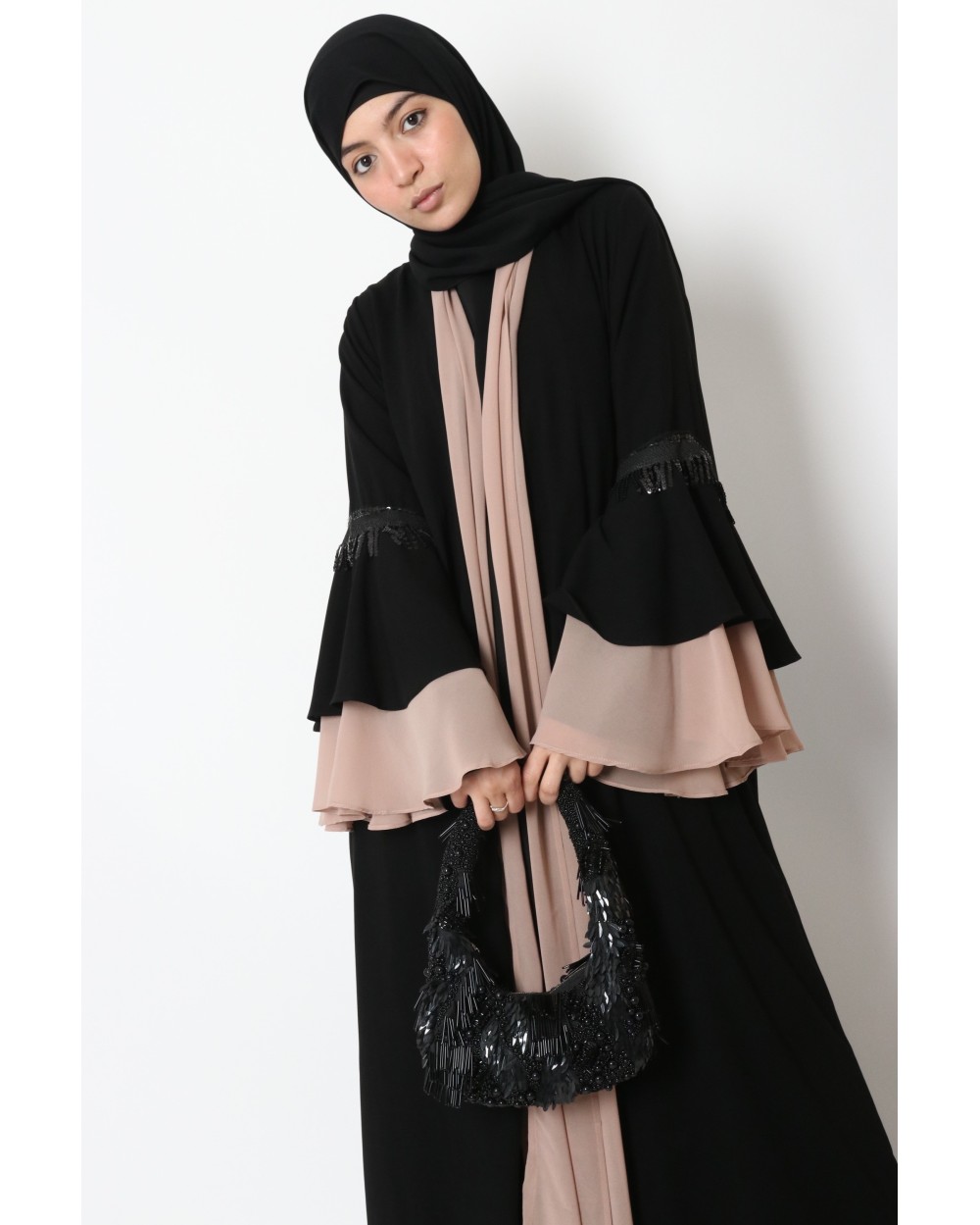 Kimono bicolore manches à volant strass