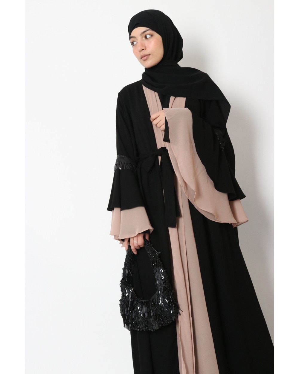 Kimono bicolore manches à volant strass