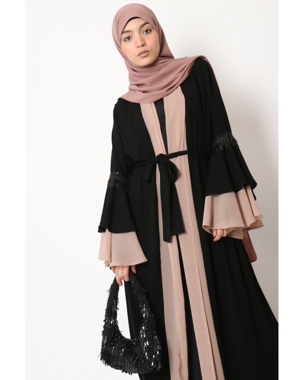 Kimono bicolore manches à volant strass