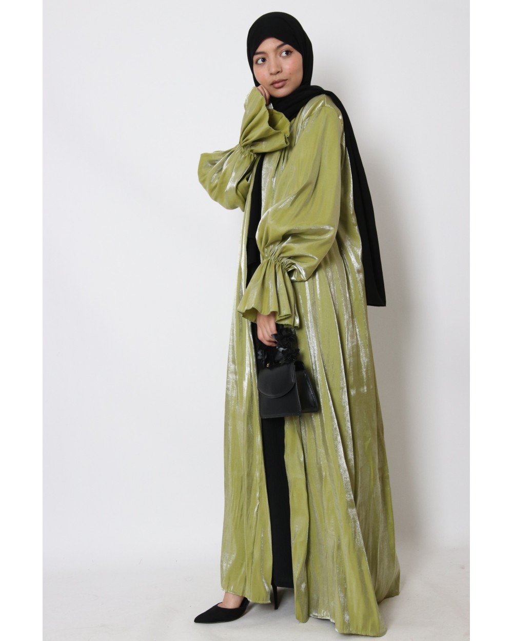 Satin kimono with ruffle sleeves