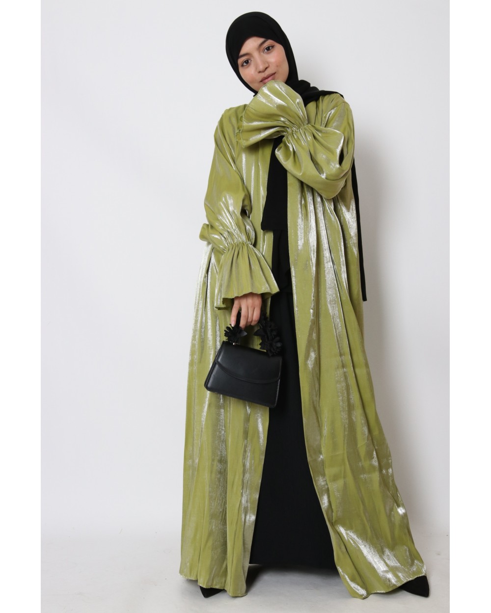 Satin kimono with ruffle sleeves