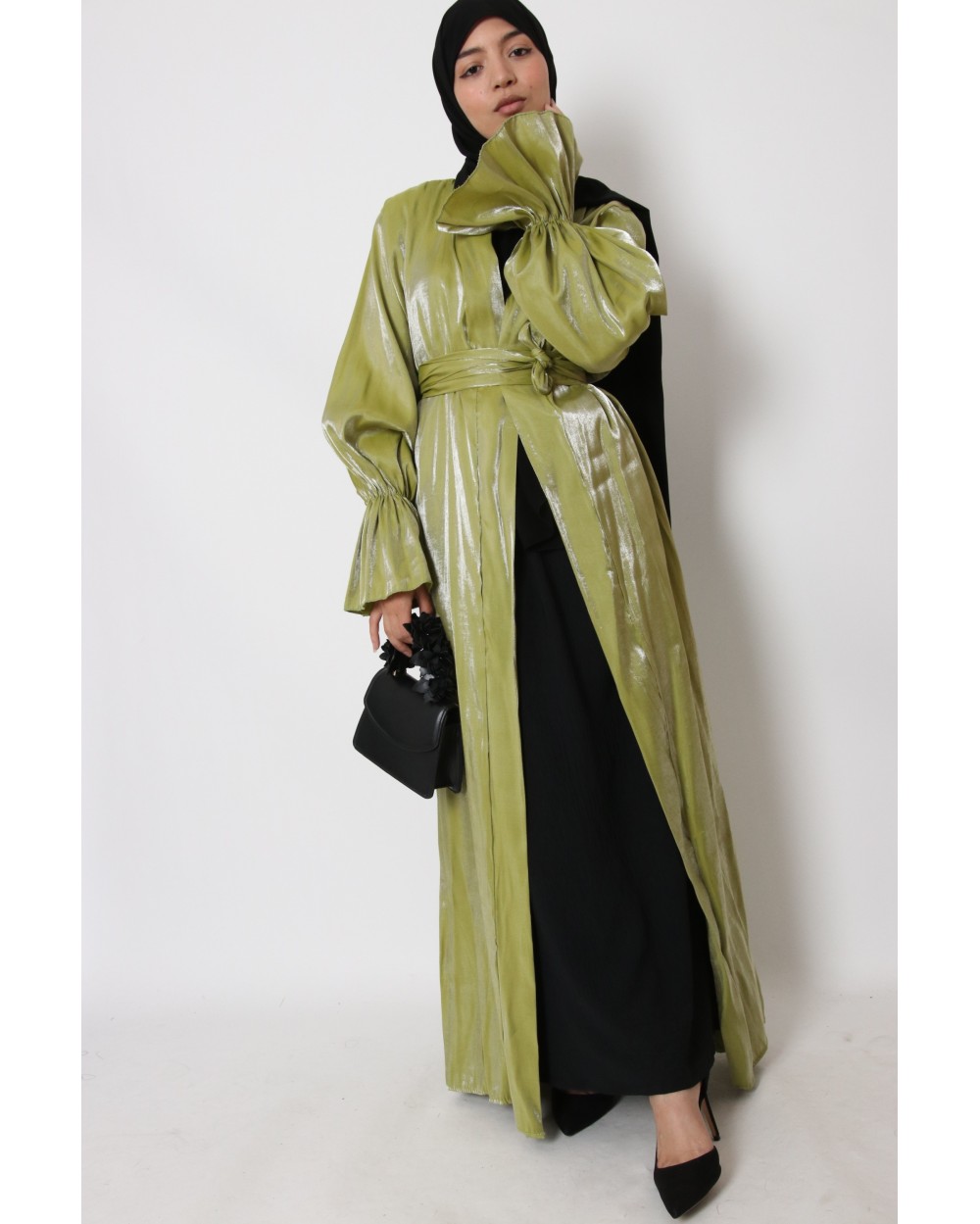 Satin kimono with ruffle sleeves