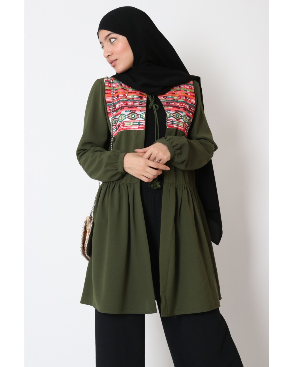 Bohemian kimono bolero mid-length with pompoms