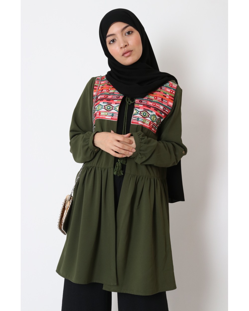 Bohemian kimono bolero mid-length with pompoms