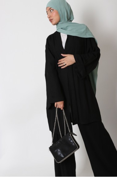 Linen-effect kimono lapel and pants set