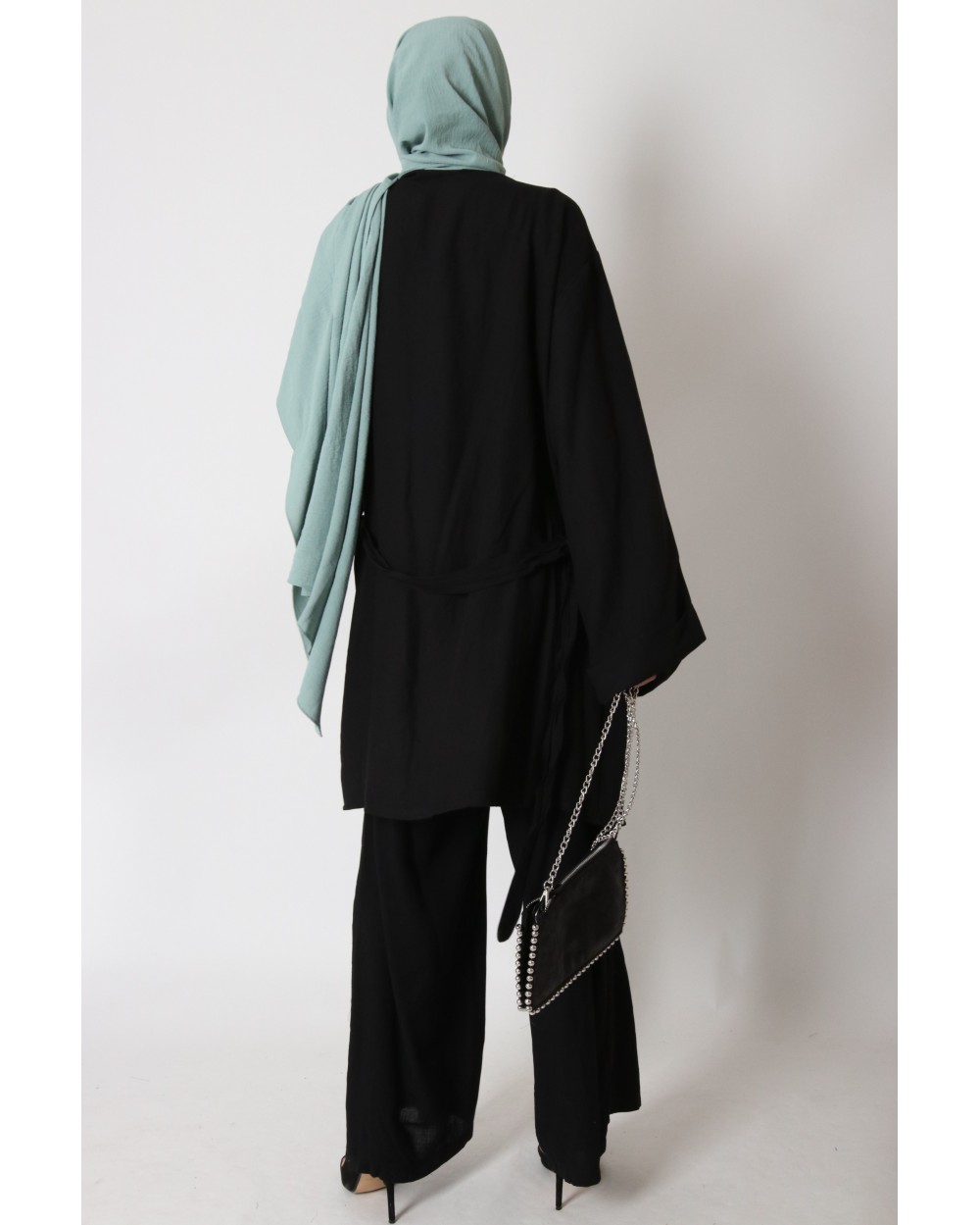 Linen-effect kimono lapel and pants set