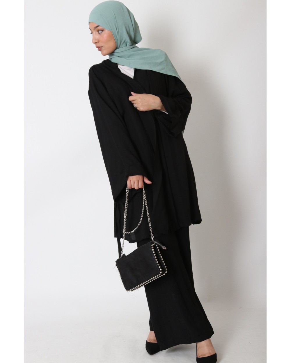 Linen-effect kimono lapel and pants set