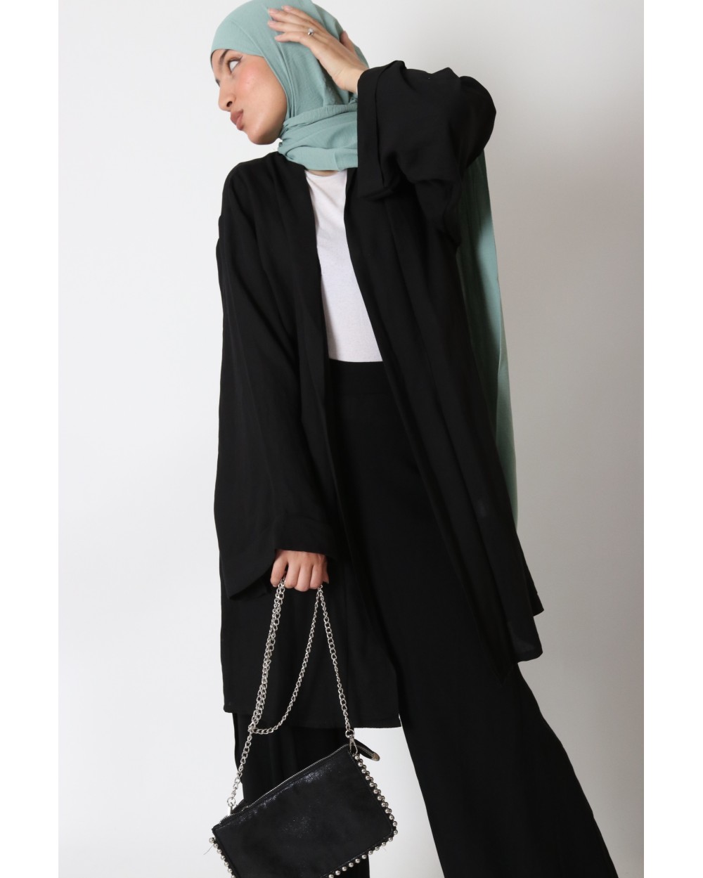 Linen-effect kimono lapel and pants set